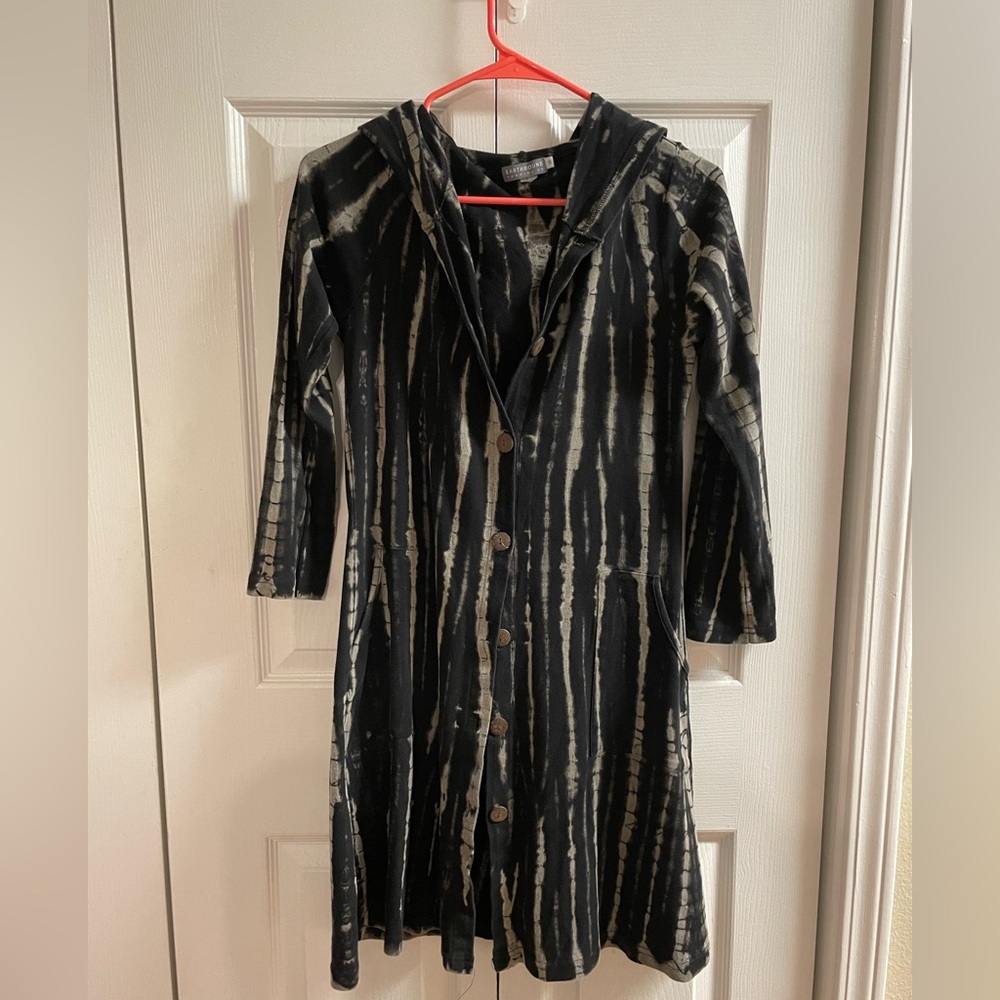 Cute long Earthbound Sweater! Tie-Dye Boho style Trench Coat Jacket Size Small